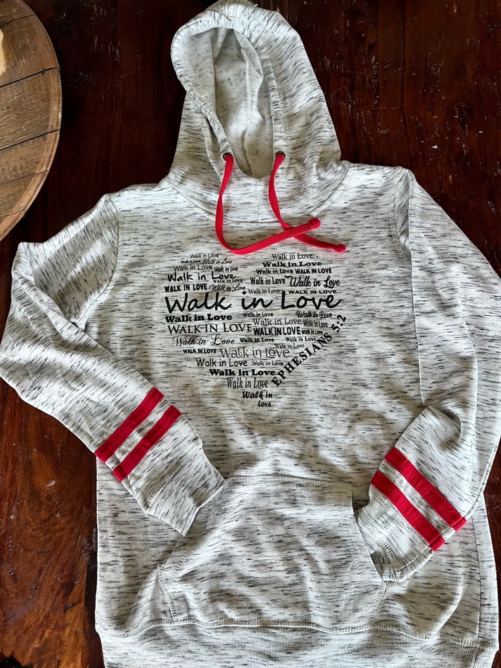 Bible Verse Ephesians 5:2 Walk in Love ❤️ Hoodie Heather Gray w/ Red Detail Sz L